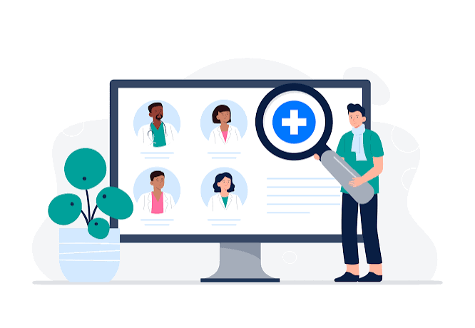 Illustration of a person using a magnifying glass to search a directory of healthcare provider profiles